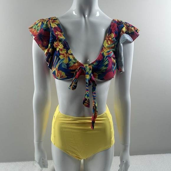 Source Unknown Other - Bikini Set Womens Small Multicolor Floral Ruffle Top High Waist Yellow Bottom